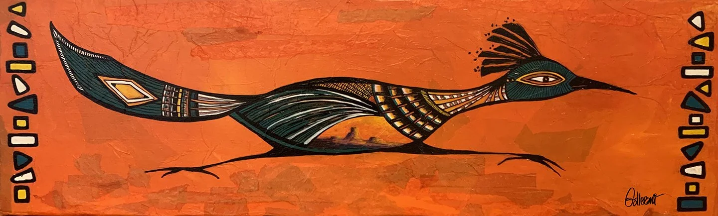 Desert Runner inspired by layered folk art techniques, with lively, vibrant tones.