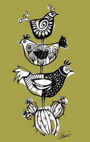 Five stylized birds perched on a cactus plant, drawn in black and white with swirling and striped patterns, set against an olive green background.