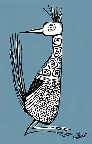 Stylized drawing of a bird with a long, pointed beak, spiral patterns on its body, and stick-like features on its head and feathers, against a blue background.