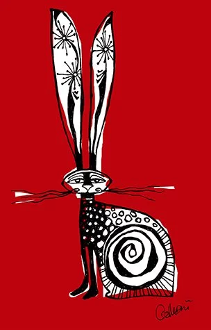 Stylized cat with elongated ears and a spiral tail, sitting against a red background, in black and white with polka dot details.