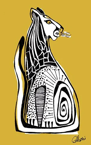 Stylized illustration of a tiger with black and white patterns on a yellow background.