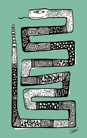 Abstract black and white snake illustration with various geometric patterns on a green background.