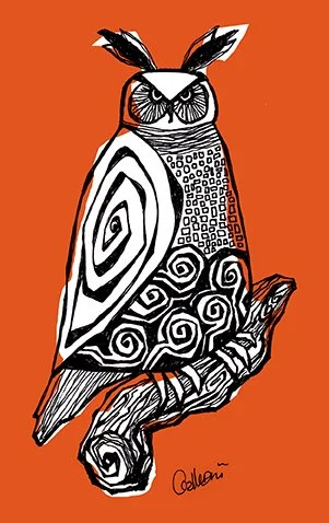 Stylized illustration of an owl sitting on a branch with an orange background, featuring bold black and white patterns and a whimsical design.