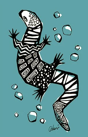 Stylized black and white patterned gecko swimming among rocks and bubbles against a blue background.