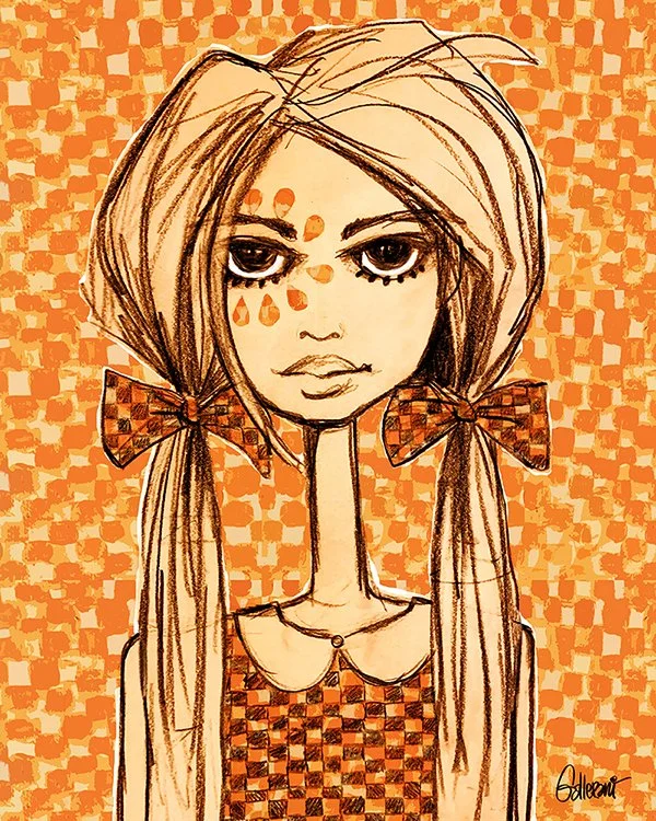 A stylized drawing of a girl with long hair tied with checkered bows, wearing a checkered dress, against an orange patterned background with polka dots on her face.
