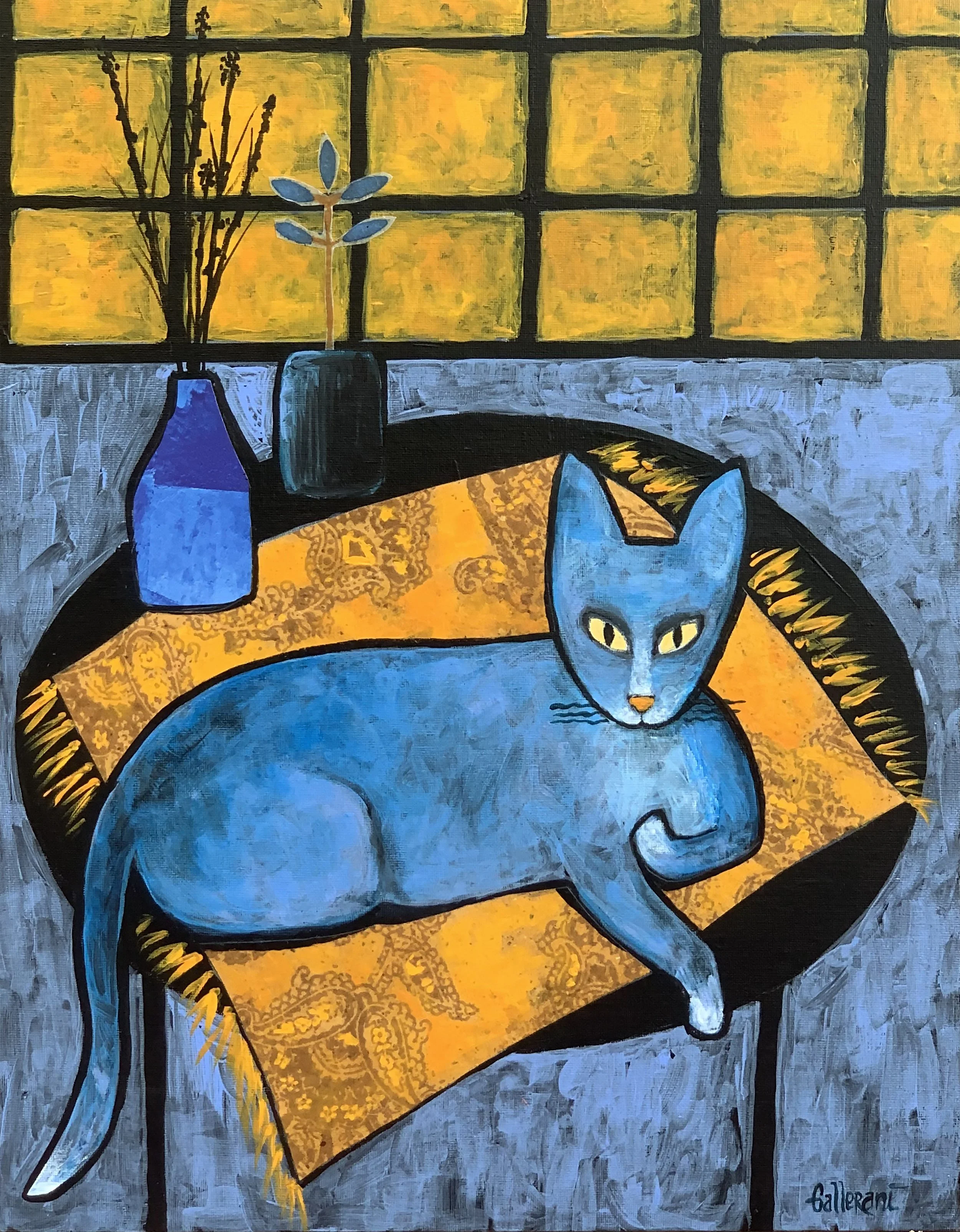 Gato Azul Sobre Una Mesa inspired by a folk art Lotería series, with playful, vibrant tones.