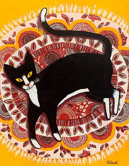 Gato En Una Alfombra Roja inspired by a folk art Lotería series, with playful, vibrant tones.