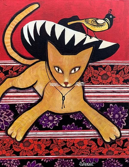 Gato Sombrero inspired by a folk art Lotería series, with playful, vibrant tones.