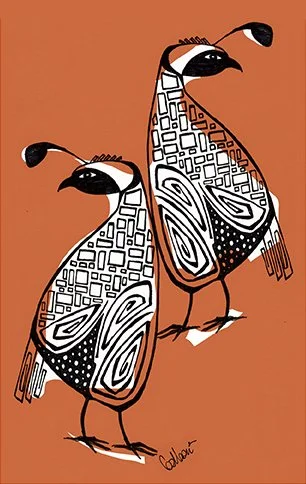 Stylized illustration of two birds with intricate geometric and line patterns on their bodies, set against a brown background.