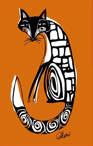 Stylized black and white cat with geometric patterns on its body, sitting against an orange background.