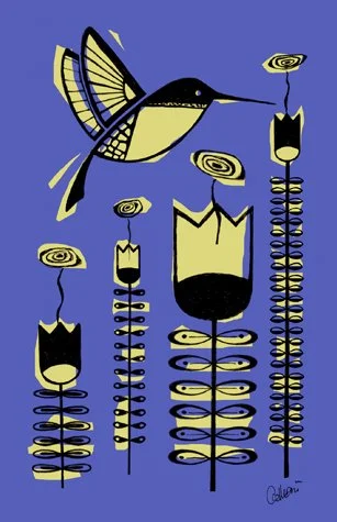 Stylized illustration of a hummingbird hovering near abstract flowers with geometric and spiral patterns on a blue background.