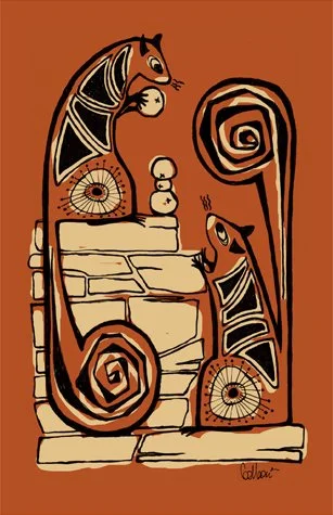Abstract artwork featuring stylized cats, spirals, and geometric shapes on a brown background.