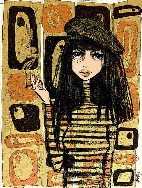 A hand-drawn illustration of a girl with long black hair, wearing a striped shirt and a hat, standing in front of a background with various abstract shapes and patterns in orange, black, and beige.