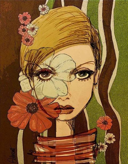 Artistic illustration of a woman's face with floral elements and abstract background.