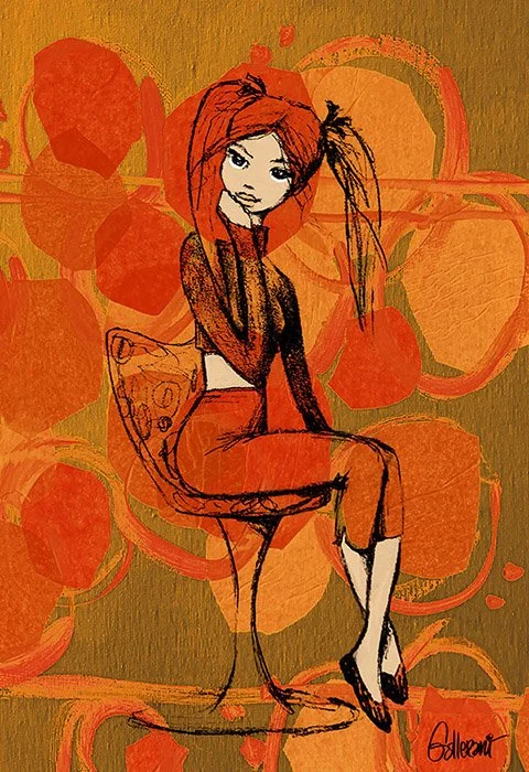 A sketch of a young woman with long hair and pigtails, sitting on a chair, against an abstract background of orange and red circles and shapes.