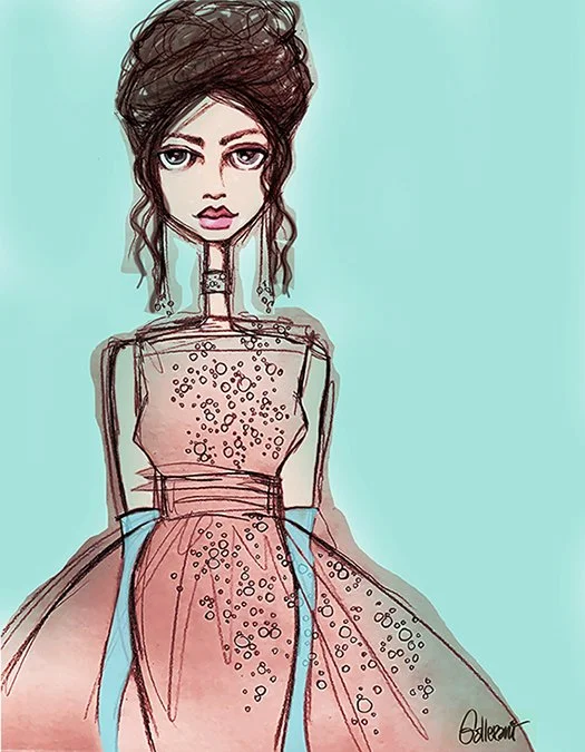 A fashion illustration of a woman with dark hair styled in an updo, wearing a sleeveless pink dress with a full skirt, and blue ribbon accents, set against a light teal background.