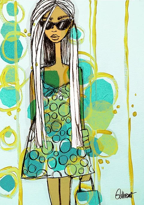 A fashion illustration of a woman with long white hair wearing sunglasses, a teal dress with circular patterns, and holding a small matching teal handbag, set against a background of abstract blue and yellow circles and lines.