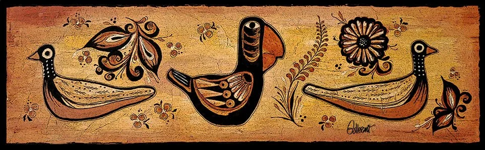 Aves De Verano inspired by layered folk art techniques, with graceful, vibrant tones.