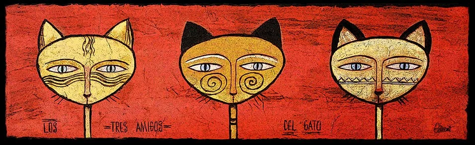 Los Tres Amigos inspired by layered folk art techniques, with playful, vibrant tones.