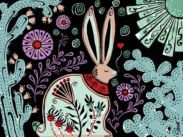 Folky Rabbit inspired by a vintage serving tray, with playful desert tones.