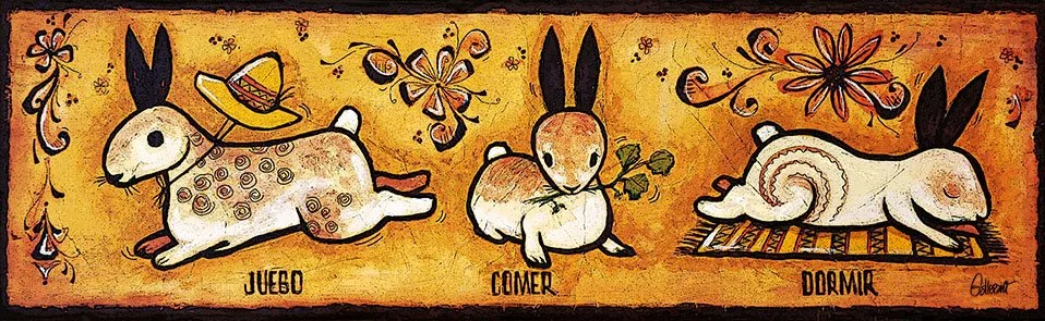 Juego Comer Dormir inspired by layered folk art techniques, with playful, vibrant tones.