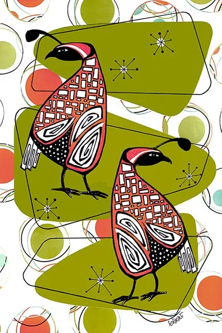Colorful abstract artwork of two stylized birds with intricate patterns, set against a background of various colored circles and organic shapes.