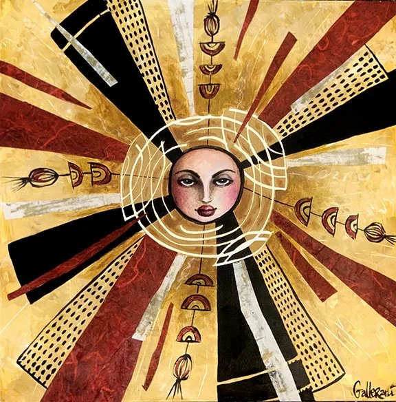 Crimson Rays is a radiant midcentury modern sun that lights up with crimson and copper tones.