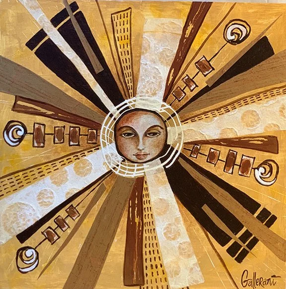 Reemergence is a gold and copper mixed media splash of midcentury modern fun.