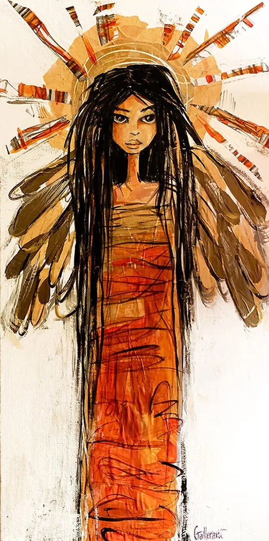 Good Morning Sunshine is made with multiple painted textures in bold red hues, creating a bright and angelic angel.