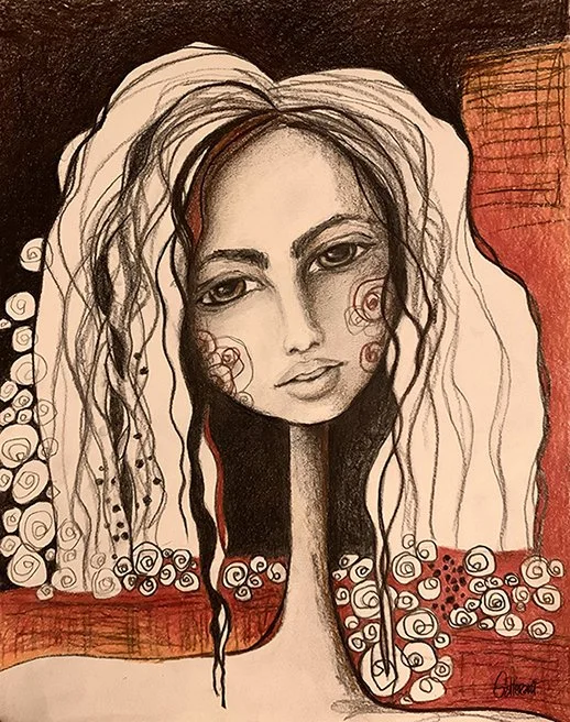 Artistic drawing of a woman with long, curly hair, detailed eyes, and lips, with decorative swirls and patterns, and a red background.