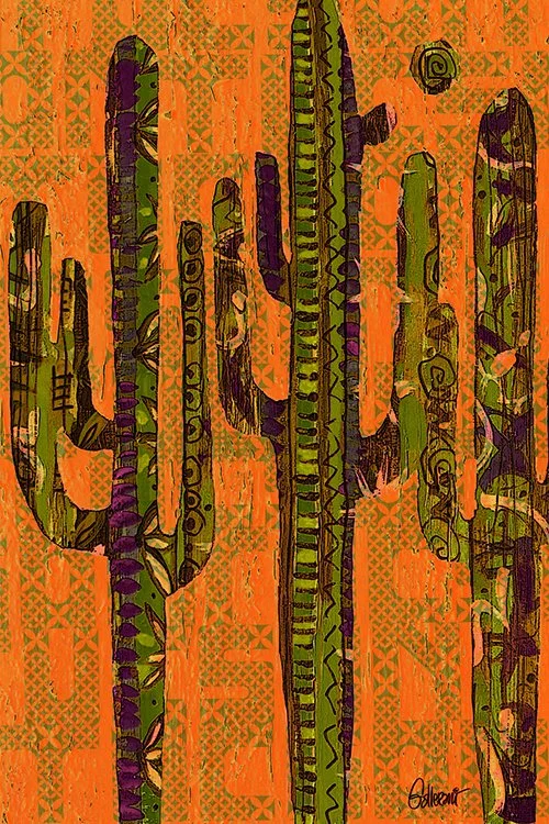 Hand-drawn abstract depiction of cacti with decorative patterns on an orange patterned background.