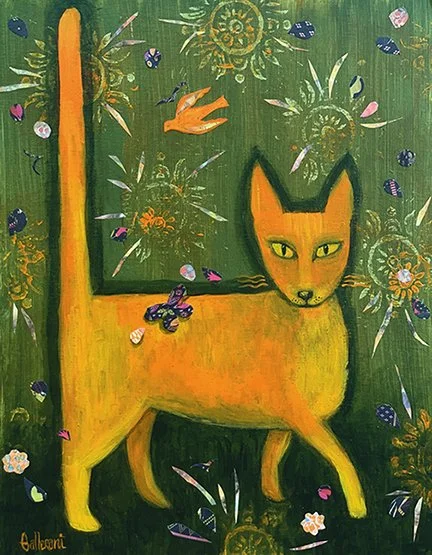 Gato Brillante inspired by folk art tradition, with playful, vibrant tones.