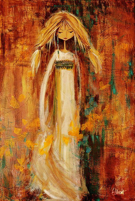 An artistic painting of a young girl with long blonde hair wearing a white dress with embroidery, standing against a warm, textured background.