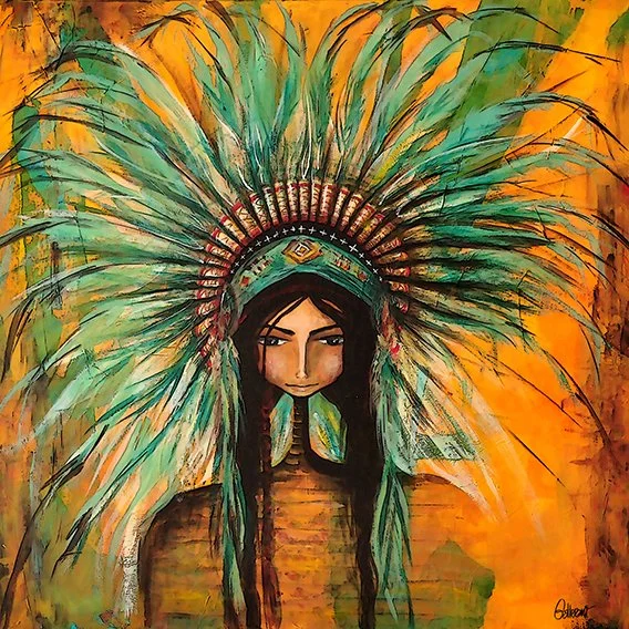 Painting of a woman wearing a large feathered headdress with vibrant green and blue feathers and tribal patterns, set against an orange background.