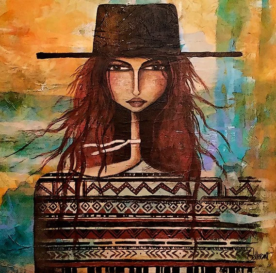 A painting of a woman with red hair wearing a black hat, holding a cigarette, and sitting in front of a colorful abstract background.