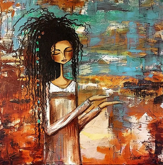 An artist's painting of a woman with long, curly hair reading a book against an abstract colorful background.