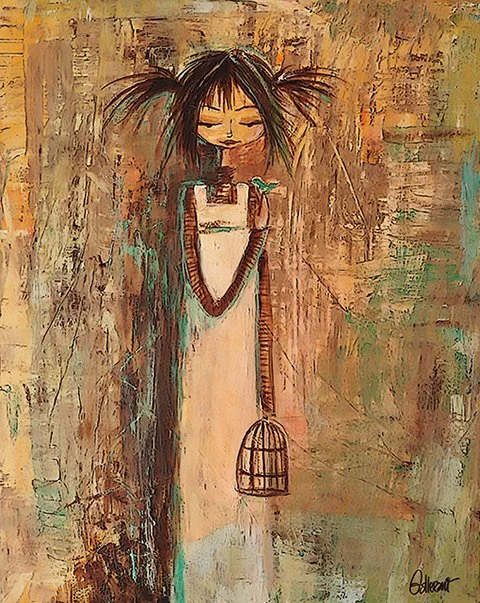 A whimsical painting of a young girl with messy dark hair, wearing a white dress with a brown trim, holding a small bird in one hand and a birdcage hanging from her other hand.