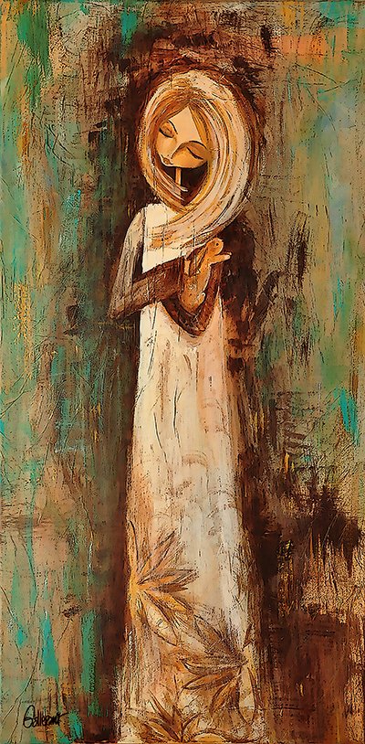 A painting of a girl with long blonde hair, eyes closed, hands clasped in prayer, wearing a white dress with plant patterns at the bottom, set against a textured green and brown background.