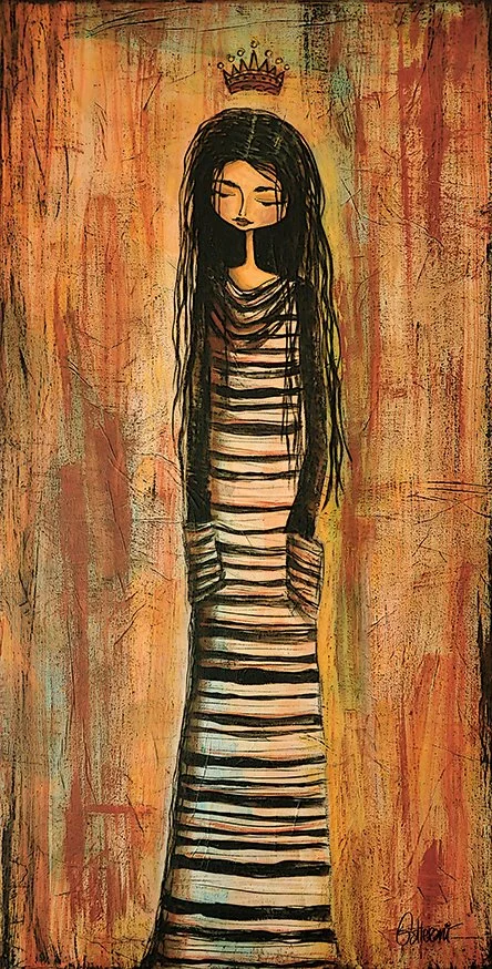 An illustration of a girl with long black hair, wearing a striped dress, with a small crown floating above her head, set against an abstract multicolored background.