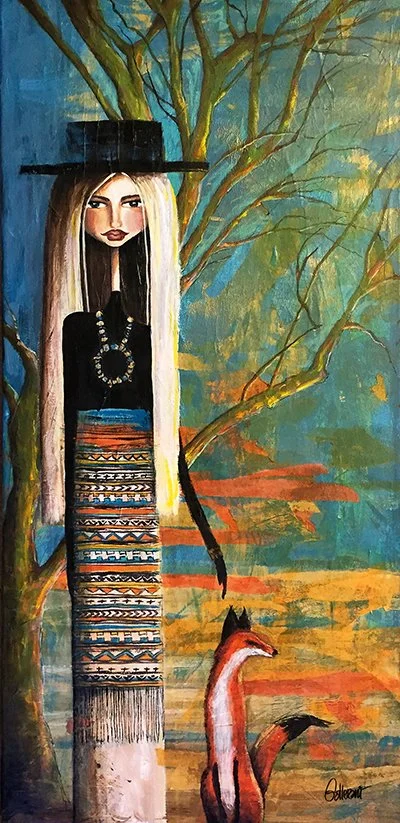 A painting of a woman with long blonde hair wearing a black wide-brimmed hat and black clothing, standing near a tree with a fox sitting nearby, in a colorful background with green, orange, and yellow hues.