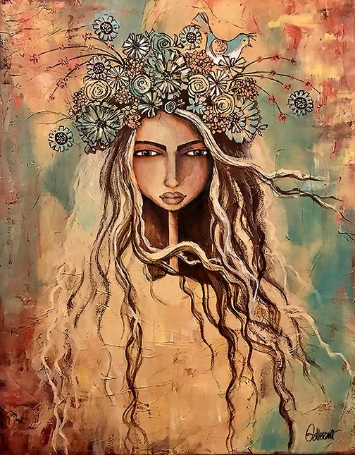 A woman with long, wavy blonde hair and dark eyes, wearing a crown of flowers and a bluebird, with abstract pastel-colored background.