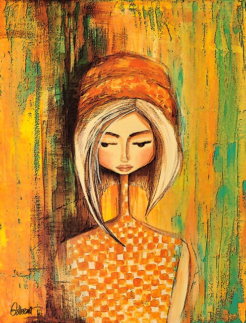 A stylized painting of a young woman with light blonde hair wearing an orange headscarf and an orange checkered top, standing against a colorful abstract background with green, yellow, and orange hues.