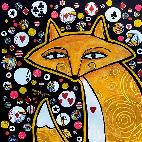An artistic illustration of a stylized orange and white cat with a calm expression, surrounded by a background filled with playing card symbols, poker chips, and casino-related imagery in various bright colors.