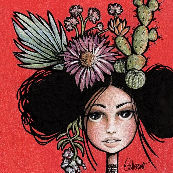 Caricature of a woman with large black hair adorned with cactus and succulent plants, against a red background.