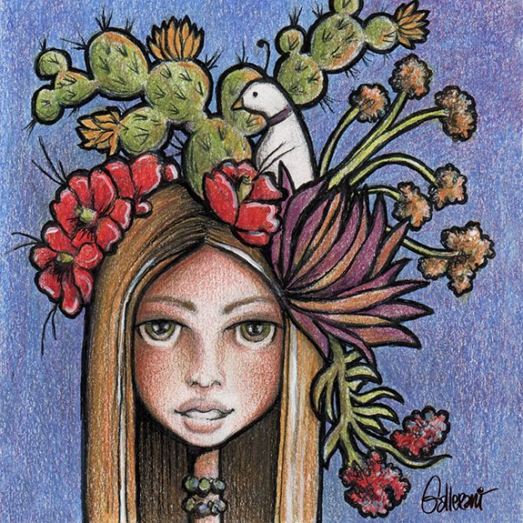 Illustration of a woman with long hair wearing a headdress made of various cacti, succulents, and flowers, including prickly pear, aloe, and red blossoms, against a blue background.
