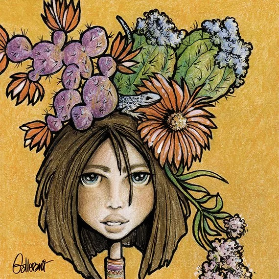 Drawing of a woman with long brown hair wearing a large floral and cactus crown on her head, against a yellow background.