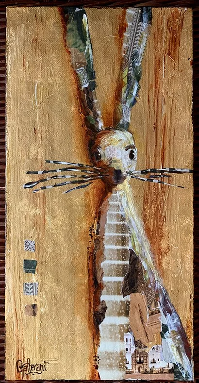 Should I Run is a beautiful mixed media piece that submerges into deep desert tones, highlighting this jackrabbit on the run.