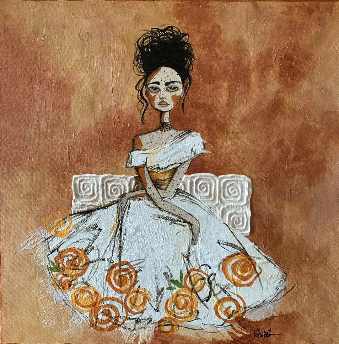 A painting of a woman with dark curly hair in a high bun, wearing a white off-shoulder dress with orange rose patterns at the bottom, sitting on a white textured bench against a warm, textured brown background.
