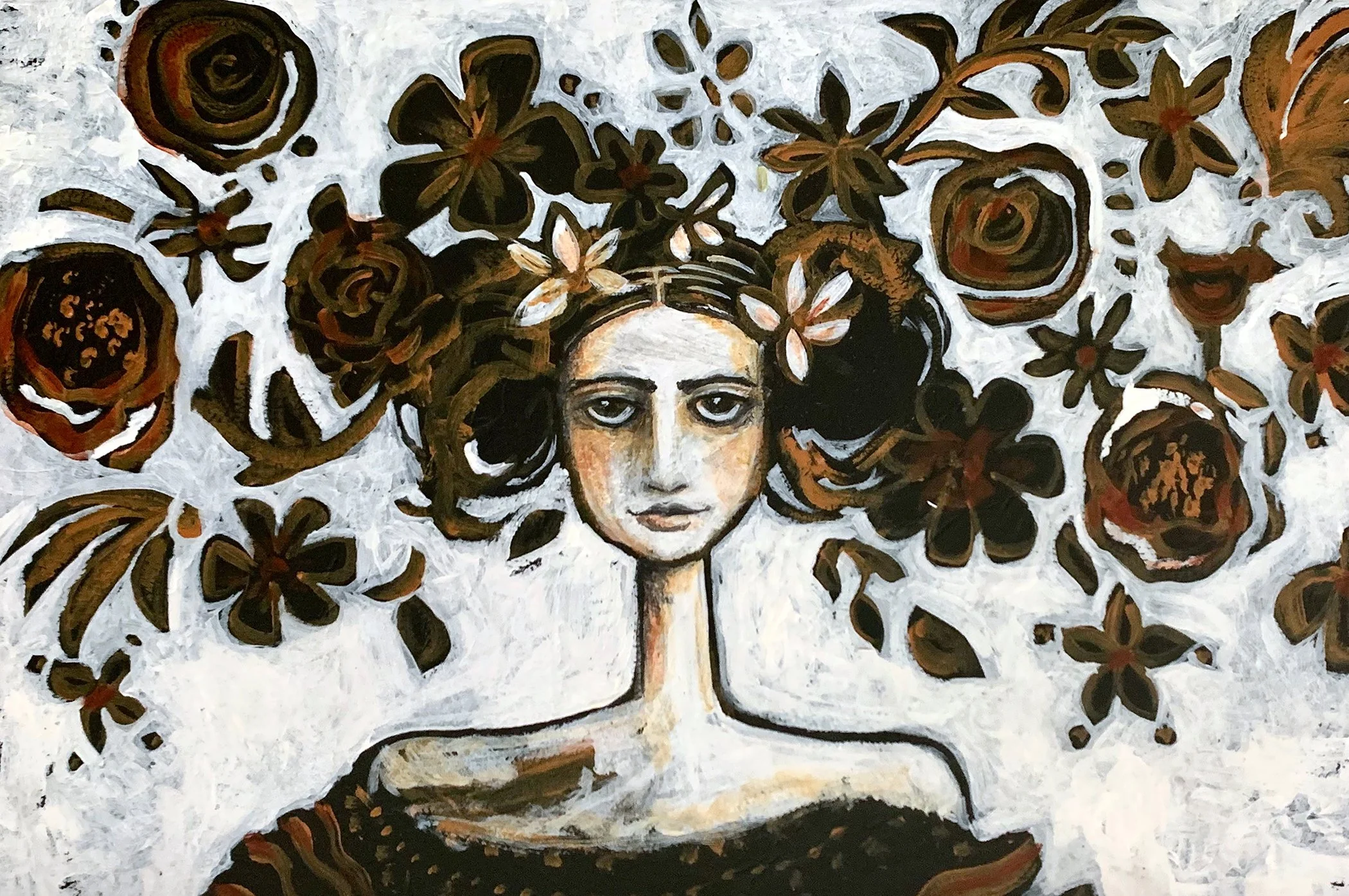 Painting of a woman with dark hair adorned with flowers, surrounded by a background of roses and other flowers in brown, black, and white tones.
