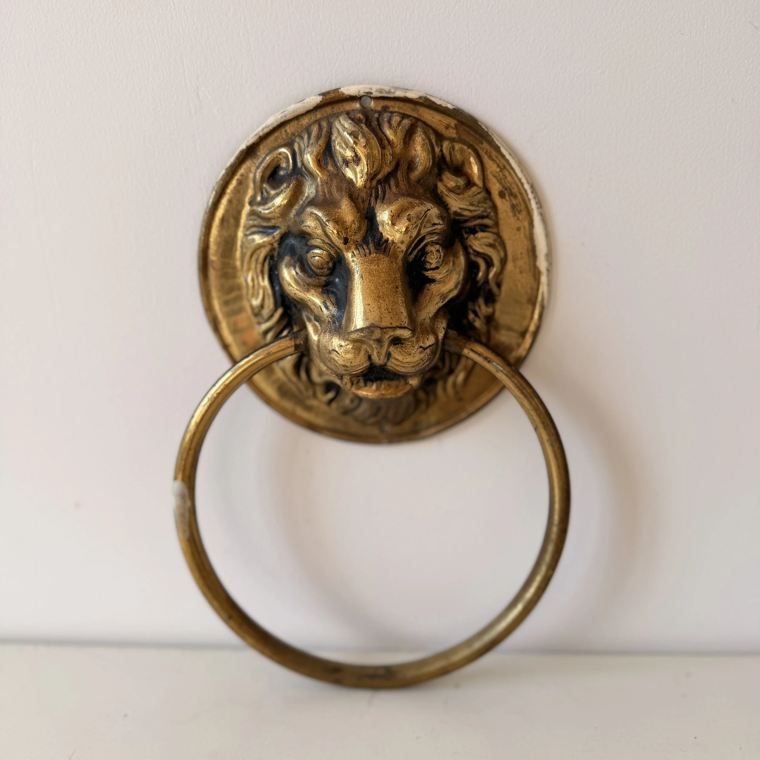 Vintage Brass Lion Head Towel Ring or Door Knocker, Made in England